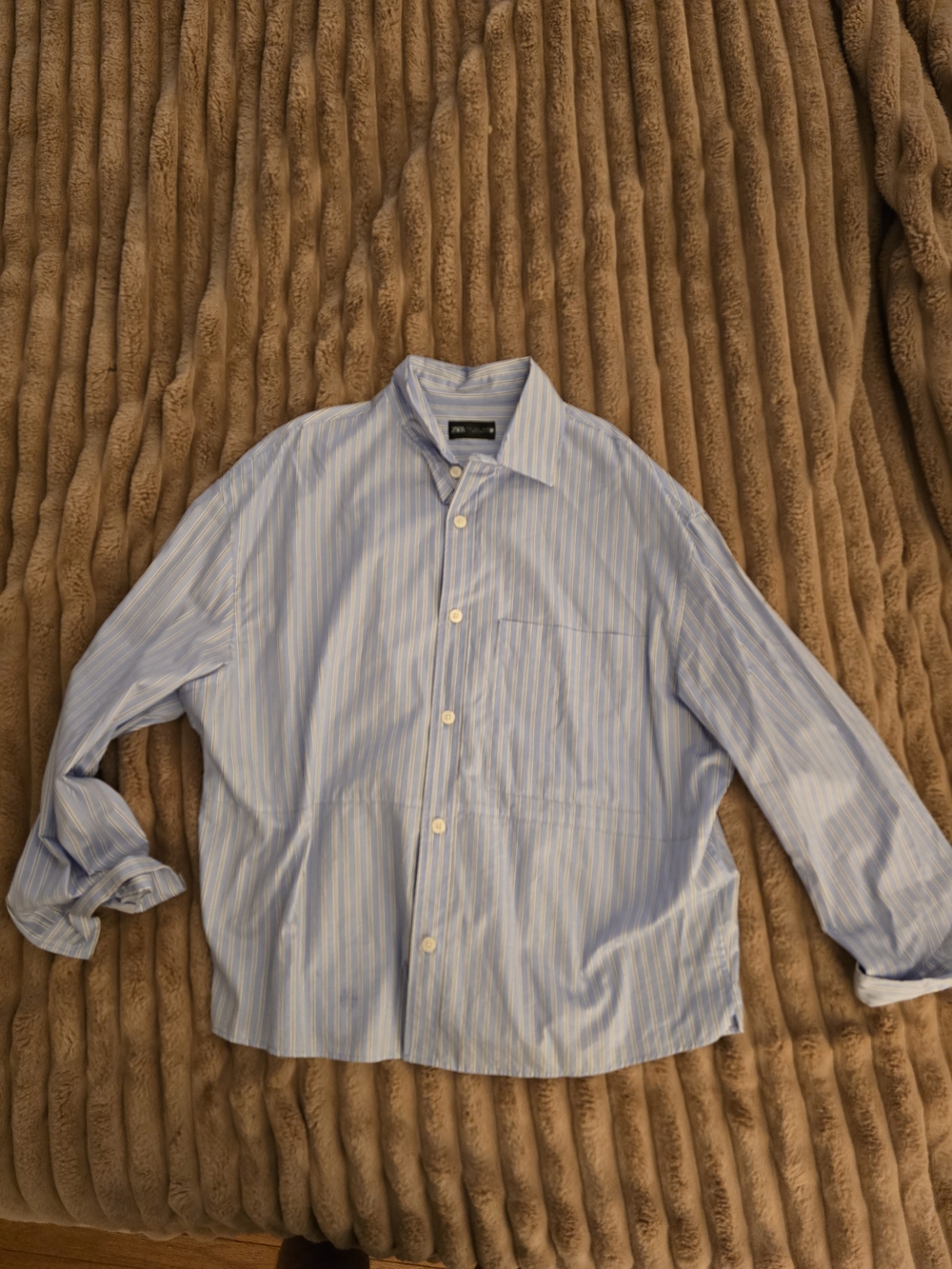 Zara Light Blue and White Cropped Striped Dress Shirt